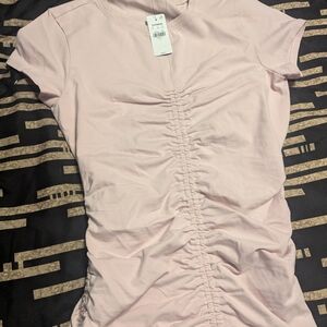 Express Pink Ruched Front Short Sleeve Top